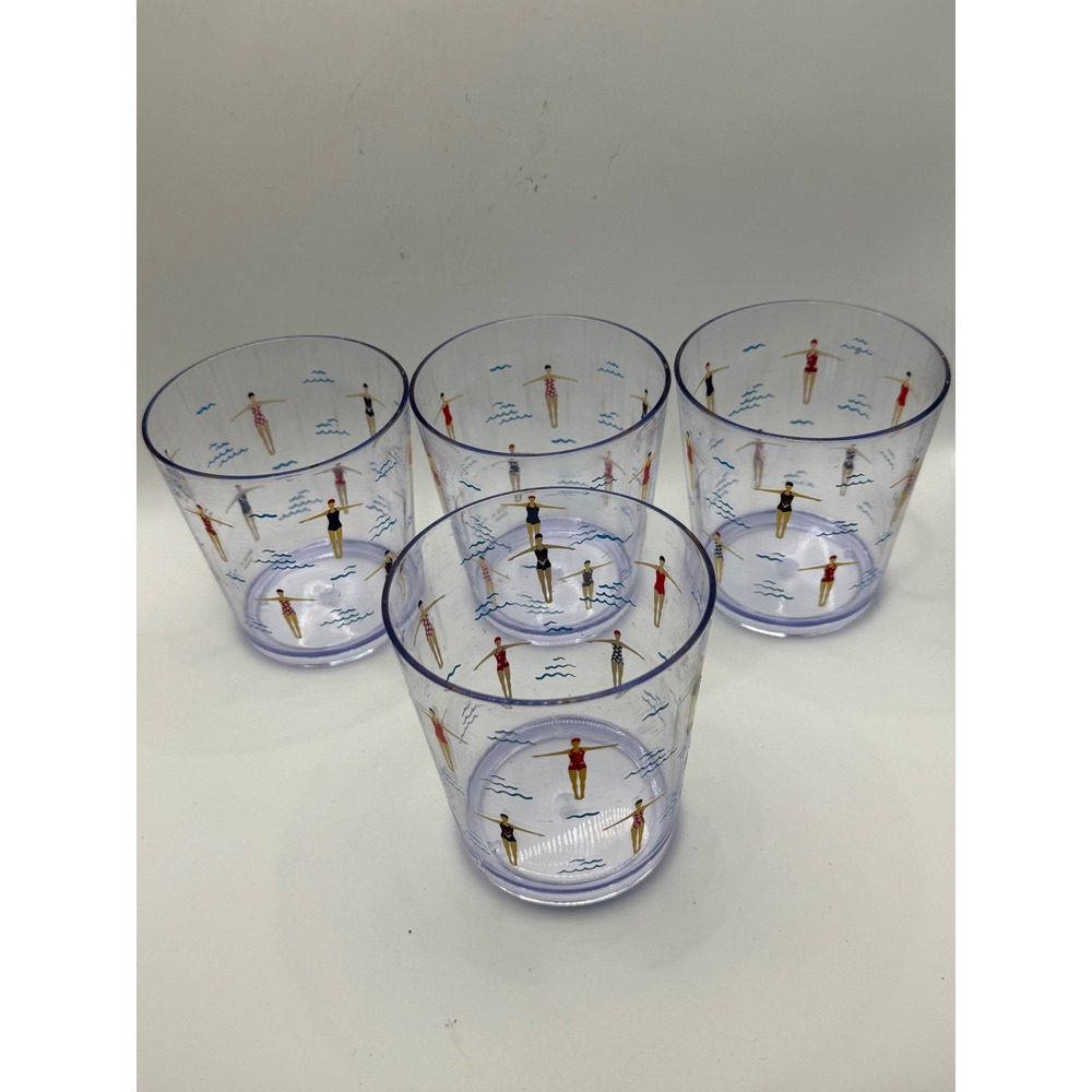 Vintage Female Swimmer Acrylic Tumblers Clear Plastic Poolside Glasses set of 4